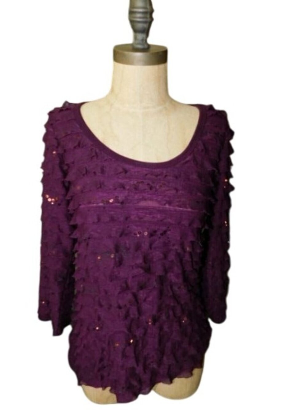 Slinky Brand Size XS Purple Ruffle Sequin STRETCH 3/4 Sleeve Top Blouse